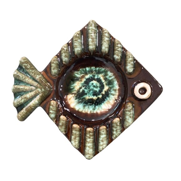 Vintage Ceramic Fish Ashtray Green Brown Glaze Mid Century Modern Home Decor - Picture 1 of 5